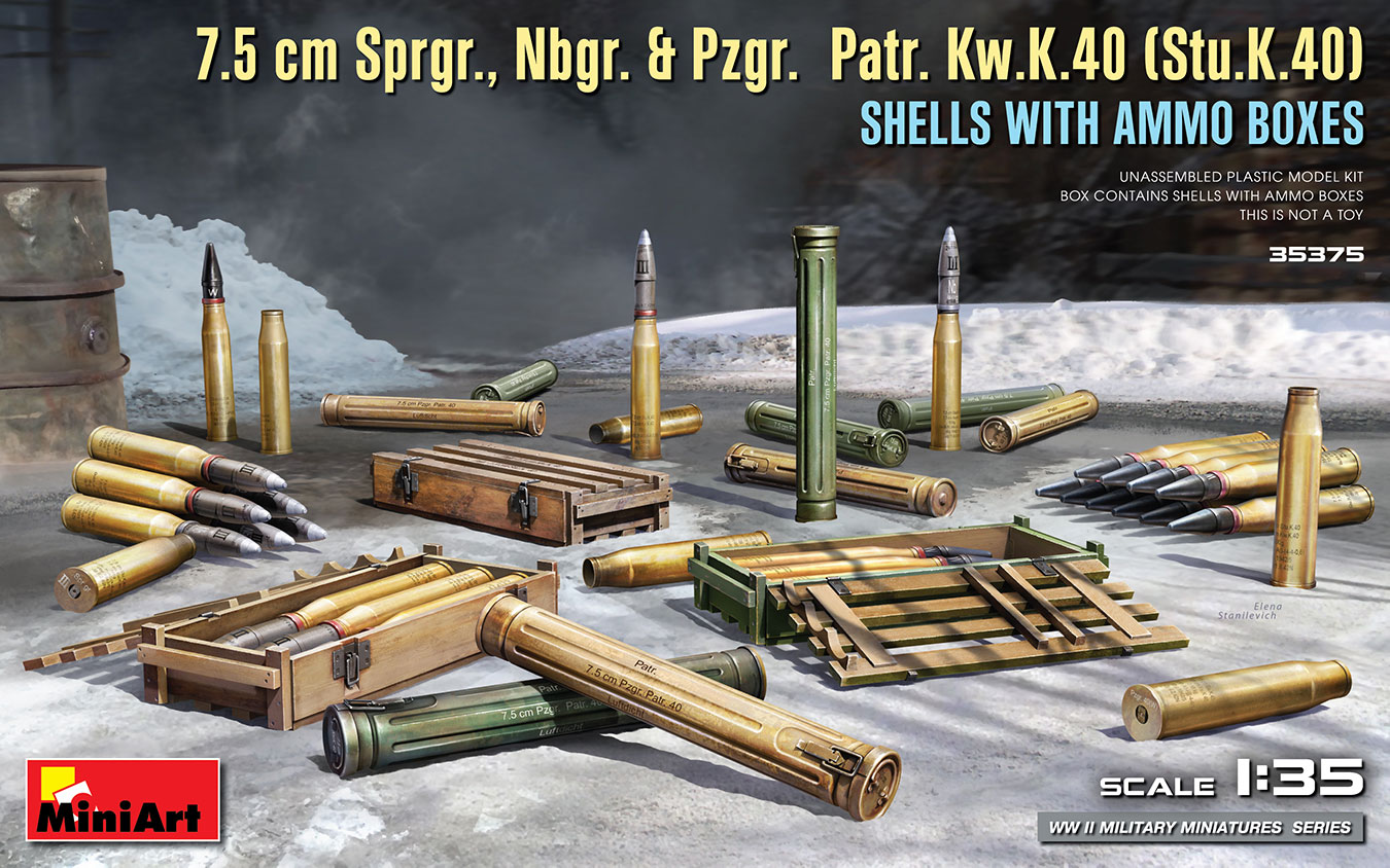 โมเดลลูกกระสุน ระเบิดและลังเก็บ MiniArt ขนาด 1/35 MI35375 7.5 cm Sprgr., Nbgr. & Pzgr. Patr. Kw.K.40 (Stu.K.40) Shells with Ammo Boxes