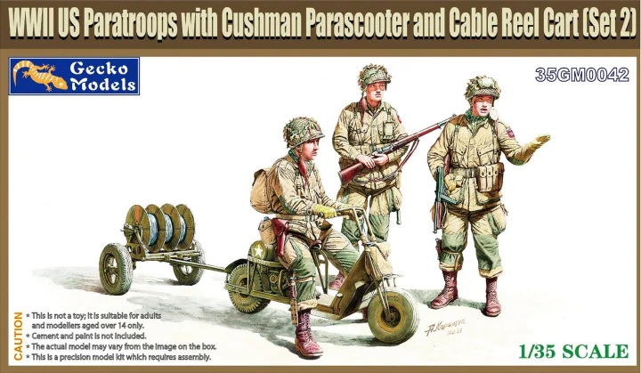 โมเดลฟิกเกอร์ทหาร ขนาด 1/35 Gecko Model 35GM0042 WWII US PARATROOPS WITH CUSHMAN PARASCOOTER AND CABLE REEL CART