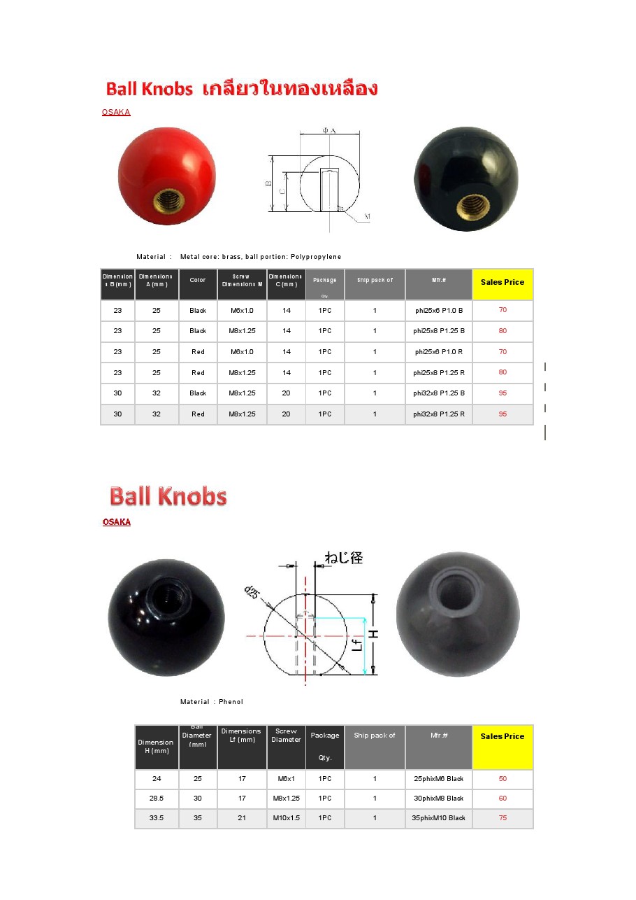 BALL KNOBS : เกลียวในทองเหลือง ขนาด 32 x M 8 : OSAKA