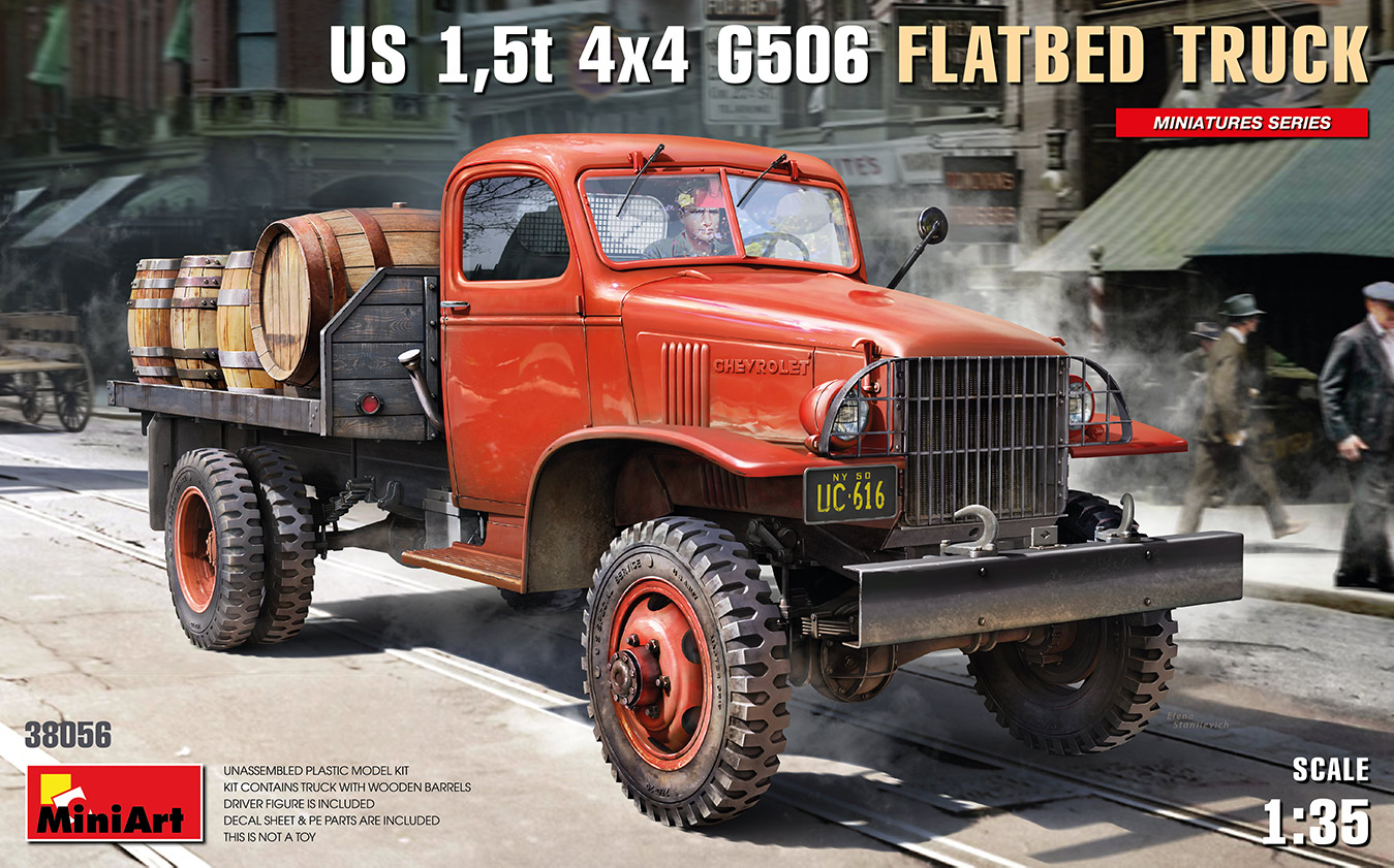 โมเดลรถบรรทุกพร้อมฟิกเกอร์คนขับ MiniArt ขนาด 1/35 MI38056 US 1,5t 4×4 G506 FLATBED TRUCK