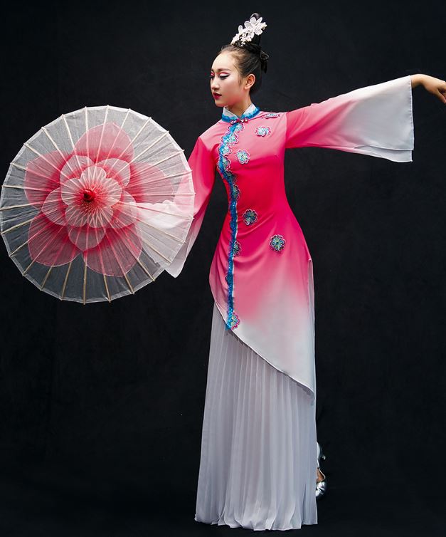 ชุดสตรีการแสดงฟ้อนรำร่มจีน 新款中国风雪纺扇子舞蹈服装伞舞 New Chinese Umbrella Dance Costume