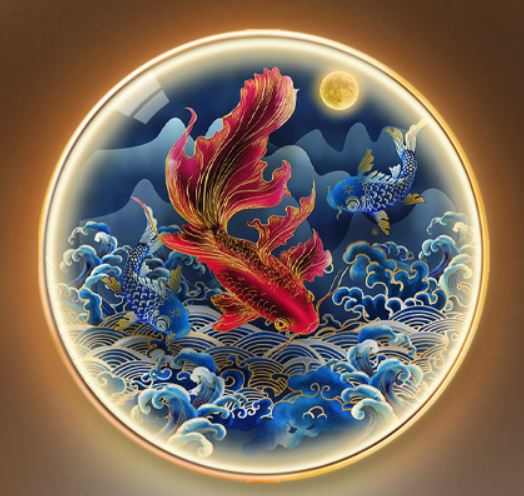 ภาพแขวนปลามังกรประกอบด้วยภาพวาดแบบจีนพร้อมหลอดไฟ LED ประดับกำแพง Dragon Fish Chinese Painting with LED Wall Decoration เสริมสิริมงคล เสริมฮวงจุ้ย