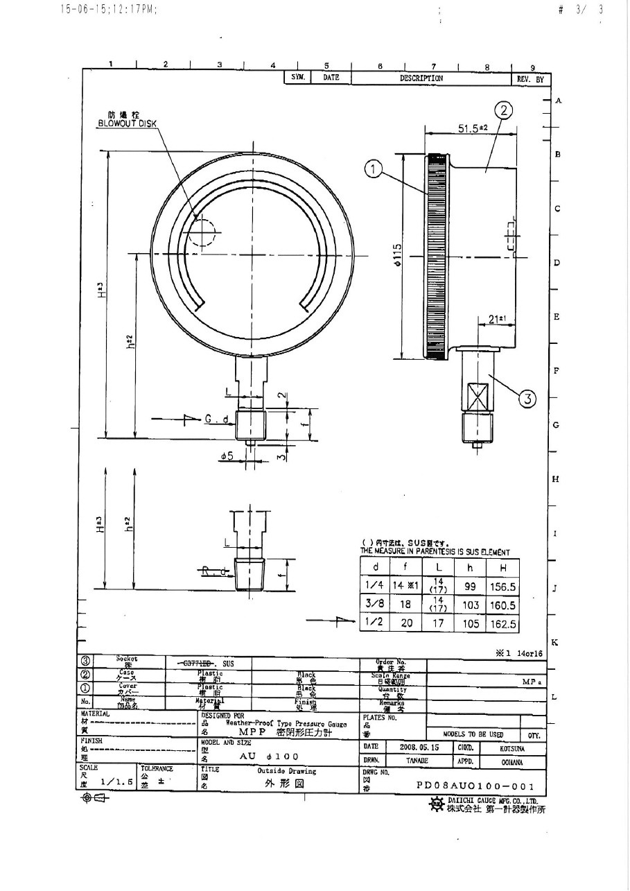 DAIICHI : Pressure Gauge : AU X G1/2 X 100 X 0.6 MPA (SUS )