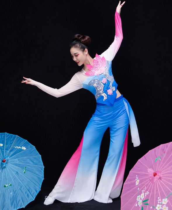 ชุดสตรีสำหรับการแสดงฟ้อนรำร่มจีน 2019 秧歌服2019新款广场扇子伞舞古典舞蹈服装女演出服 Female Yangge 2019 New Classical Square Umbrella Dance Costume 2019