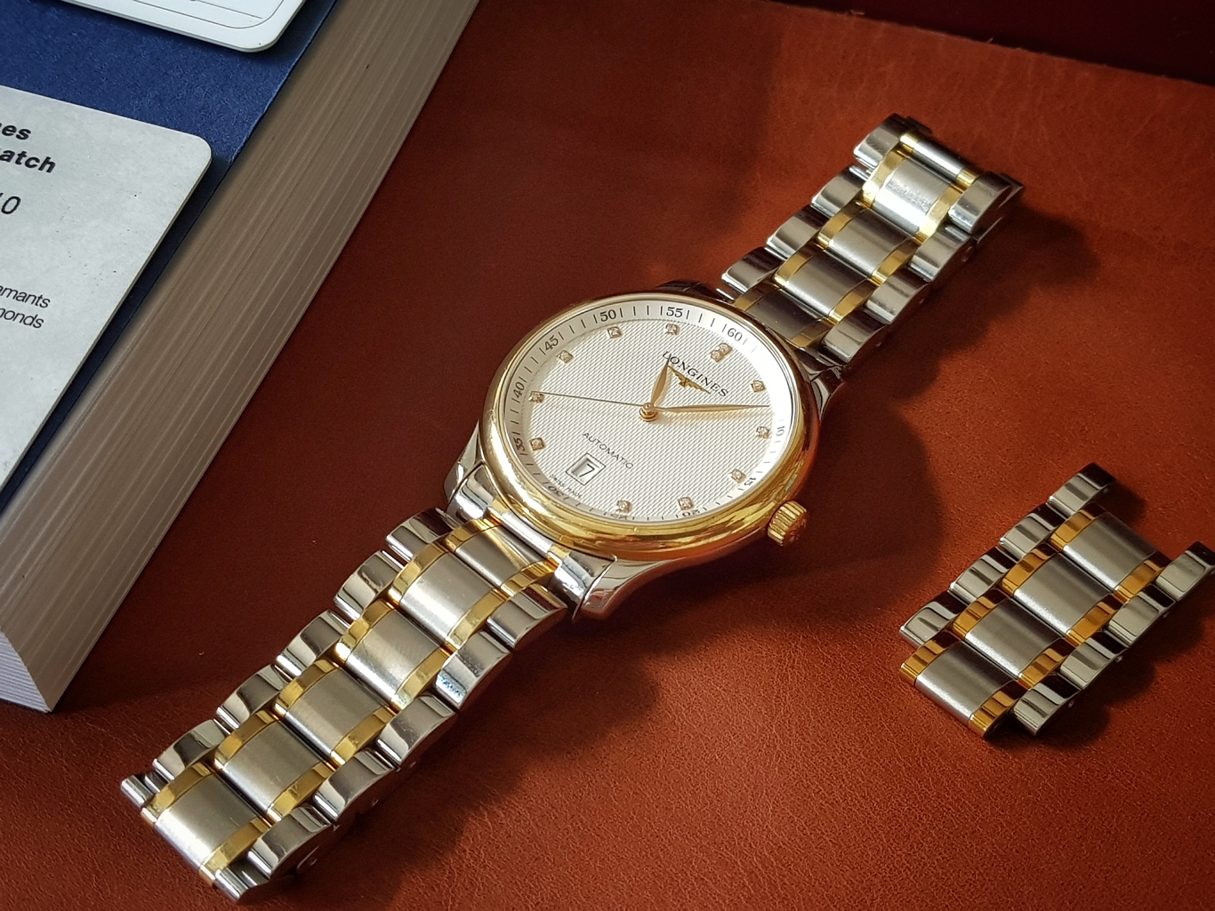 Longines Master Collection Date Automatic Stainless หุ้มทองคำ18k เพชรแท้12เม็ด 0.055กะรัต หน้าขาวลายผ้า