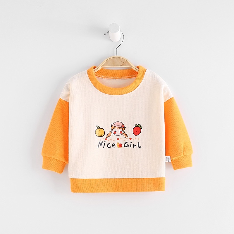 เสื้อกันหนาวไหมพรมเด็กชายเด็กหญิงคอกลม ลายน่ารักๆใส่สบาย ลายเด็กหญิงสีส้ม