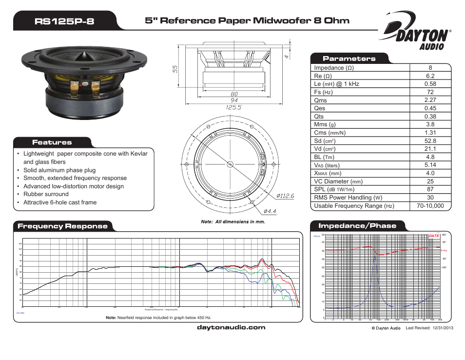 Dayton Audio RS125P-8 5" Reference Paper Woofer 8 Ohm