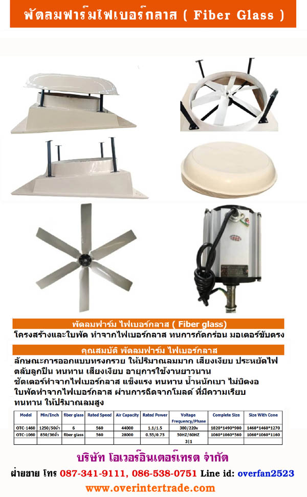 พัดลมไฟเบอร์กลาส มอเตอร์ขับตรง ,พัดลมฟาร์มไฟเบอร์กลาส ,FIBERGLASS FAN * พัดลมไฟเบอร์กลาส ทนเคมี ให้ประสิทธิภาพลมสูง**
