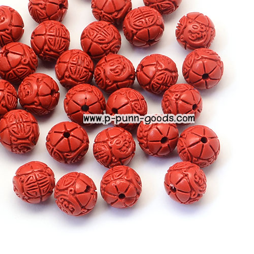 Cinnabar Beads 10 มม. ลายดอกไม้ สี FireBrick