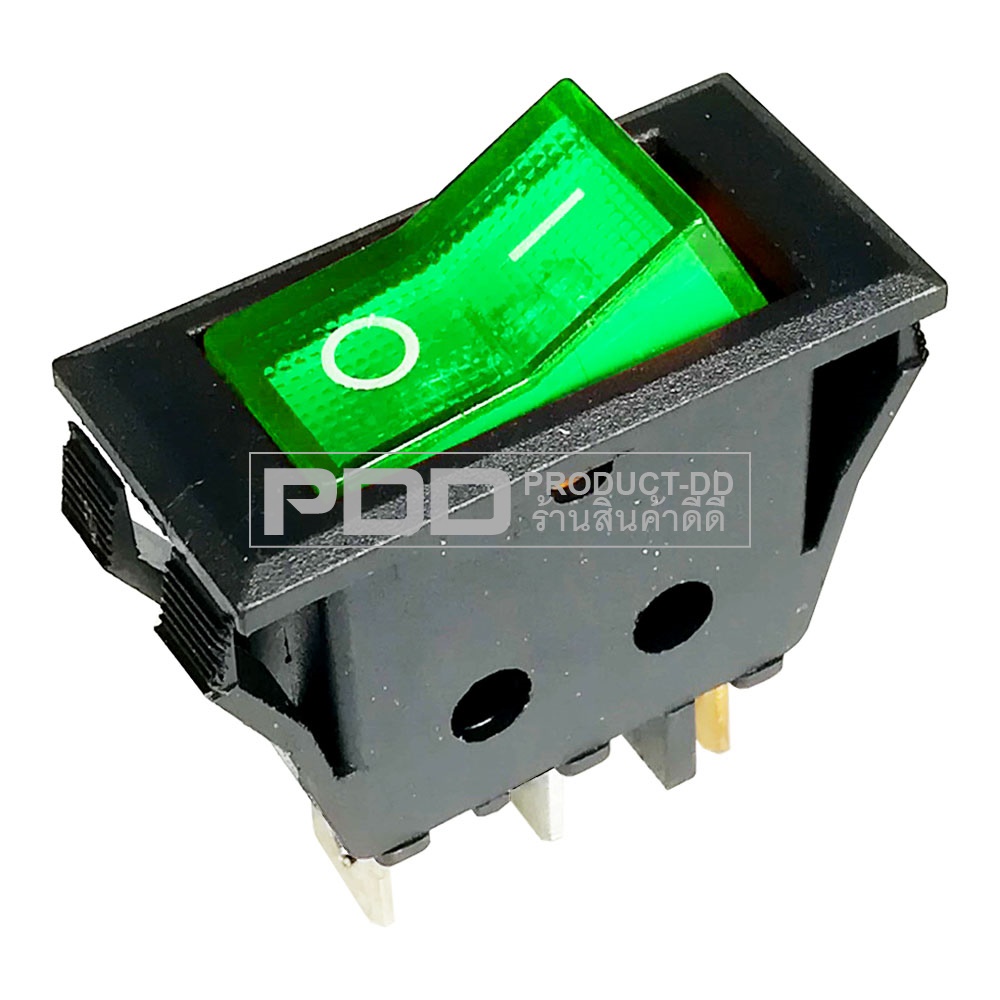 KCD3 สวิตช์กระดก ON-OFF ใหญ่ 4 ขา I-O สีเขียวมีไฟ 15A 250V AC และฝาครอบกันน้ำ