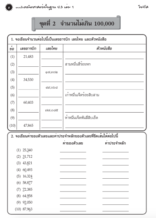 แบบฝึกคณิตศาสตร์พื้นฐานป.3 เล่ม 1+เฉลย (หลักสูตรใหม่ 2560) สำนักพิมพ์โฟกัส