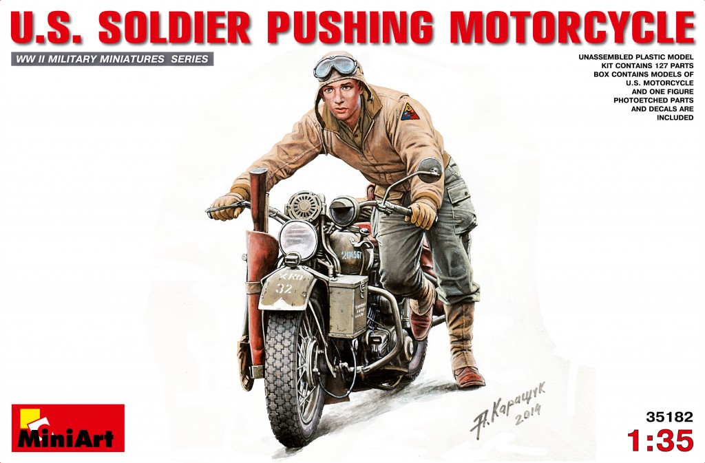 โมเดลฟิกเกอร์และมอเตอร์ไซค์ MiniArt ขนาด 1/35 MI35182 U.S. Soldier Pushing Motorcycle