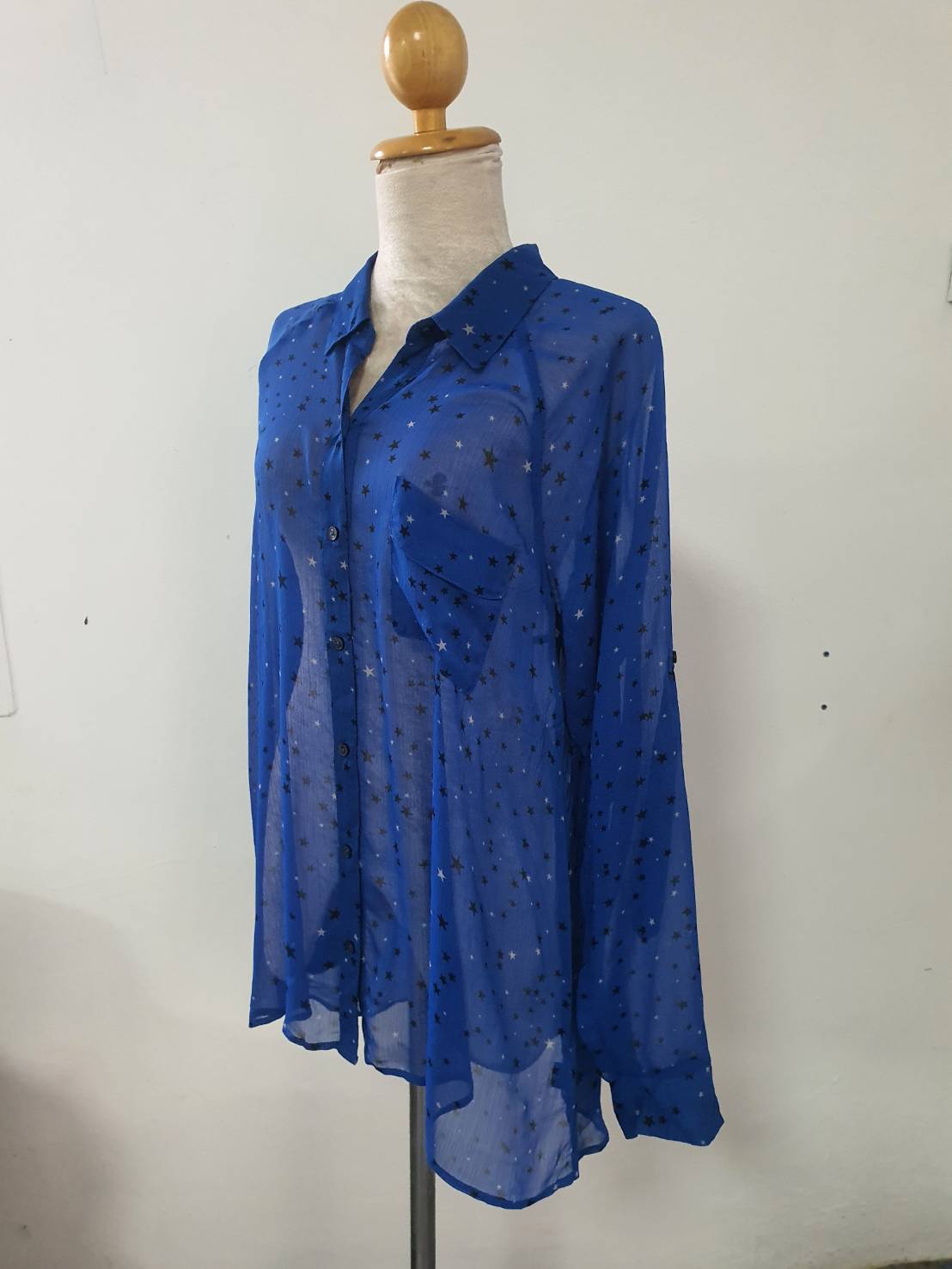 FF05618 เสื้อแฟชั่น ชีฟองลายดาว สีน้ำเงิน แบรนด์ EXPRESS อก 40 นิ้ว