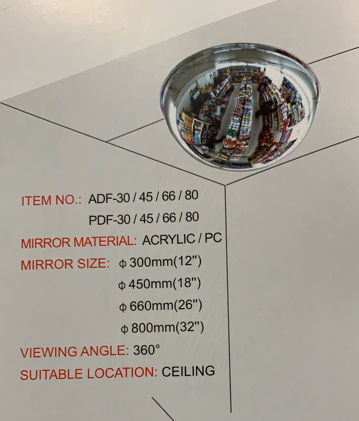 กระจกโดมกลมอะคริลิคมุมมอง 90 180 360 องศา ขนาด 60 80 CM