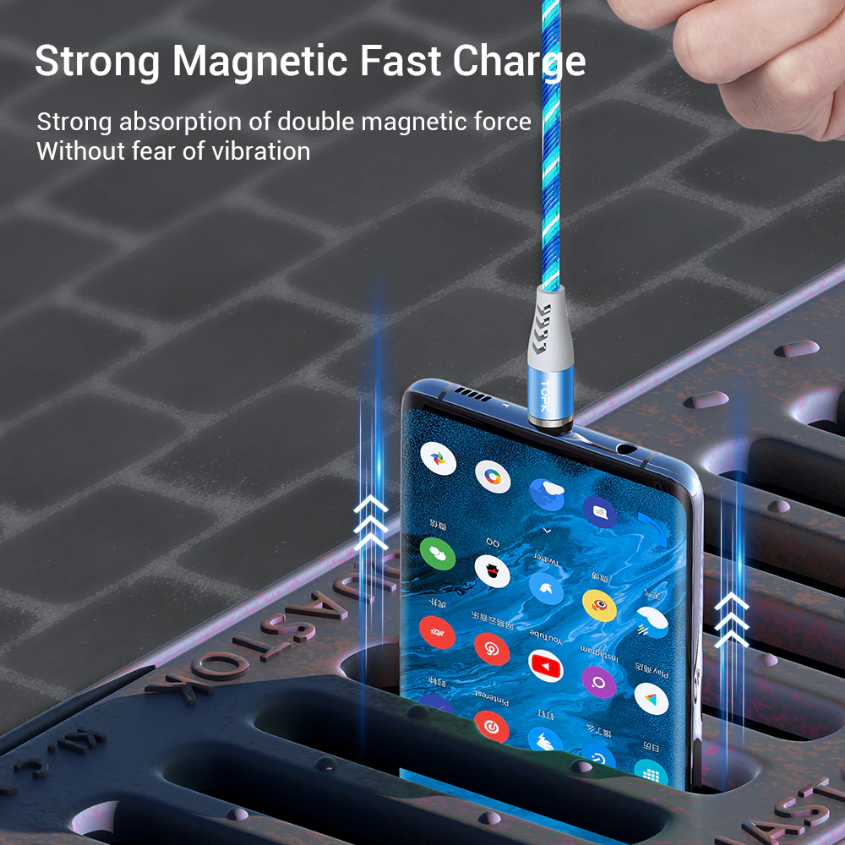 สายดาต้าหัวแม่เหล็กเรืองแสงแบบไฟวิ่งรองรับชาร์จด่วน TOPK 3A Flowing Light LED Magnetic Cable USB Type C Cable Fast charging Data Cable for Phone