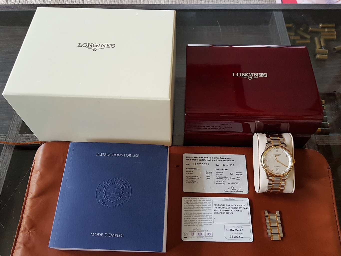 Longines Master Collection Date Automatic Stainless หุ้มทองคำ18k เพชรแท้12เม็ด 0.055กะรัต หน้าขาวลายผ้า