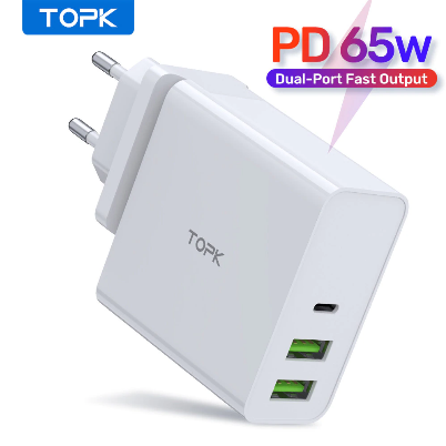 หัวชาร์จมือถือ โน๊ตบุ๊ค TOPK Power Adapter 65W PD USB Charger Fast Charger USB Type C Charger Quick Charge 3.0 for MacBook Pro Laptop Tablet Charger for mobile phones