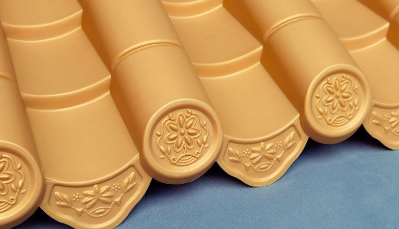 หลังคากระเบื้อง (สีทอง) แบบเกาหลี จีน ญี่ปุ่น ไว้สำหรับตกแต่งสถานที่ต่างๆ 仿古门头屋檐瓦片围墙装饰树金色树脂塑料瓦片中式一体仿古瓦 Chinese/Japanese/Korean (Gold) Tile Decoration Creative Tile Decoration