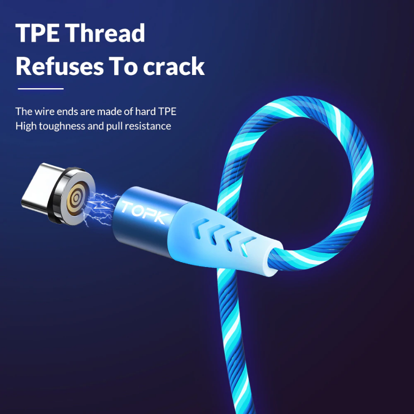 สายดาต้าหัวแม่เหล็กเรืองแสงแบบไฟวิ่งรองรับชาร์จด่วน TOPK 3A Flowing Light LED Magnetic Cable USB Type C Cable Fast charging Data Cable for Phone