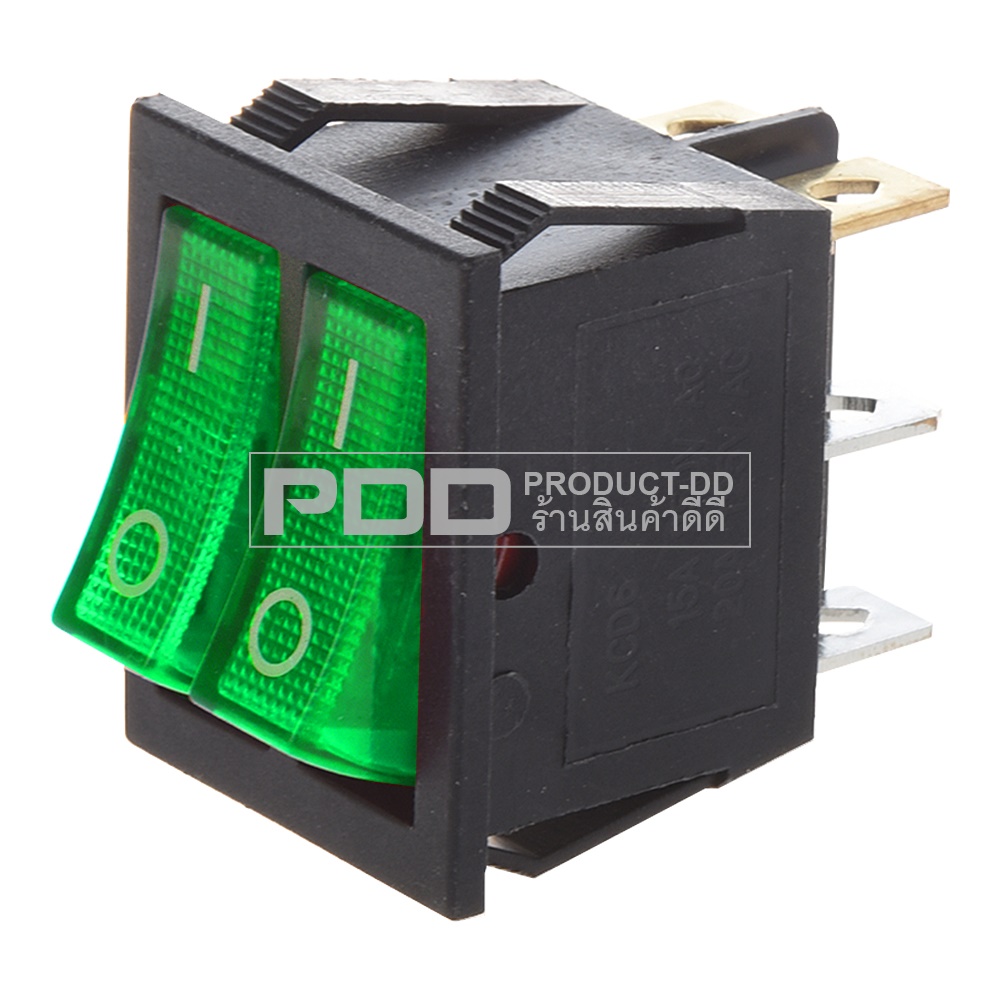 KCD3 สวิตช์กระดก ON-OFF คู่ 3 ขา สีเขียวมีไฟ Rocker Switch Double 3 Pin l-O 15A 250V AC