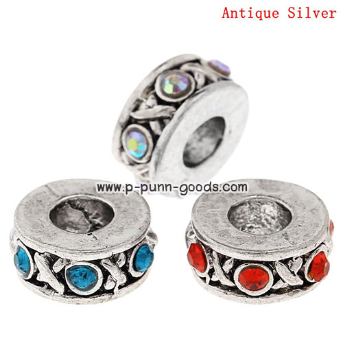 ลูกปัดสีเงินโบราณ 11x5มม.ประดับ Rhinestone