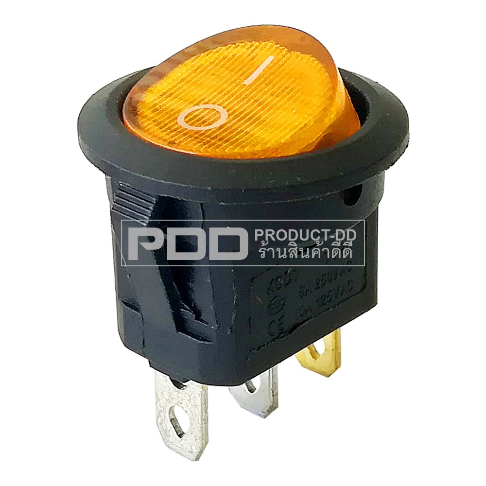 KCD1 สวิตช์กระดก ON-OFF กลม 3 ขา สีส้มมีไฟ Rocker Switch 3 Pin l-O 6A 250V AC
