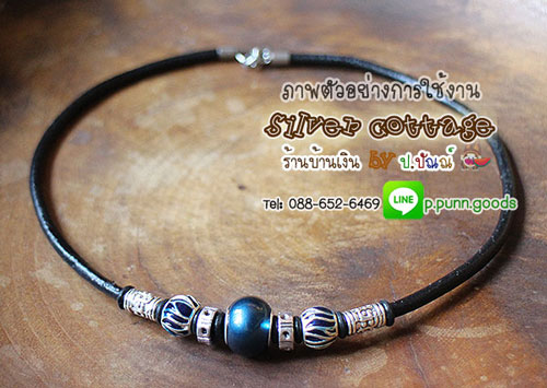 ลูกปัดสีเงิน 10x8 มม. ตกแต่งลายสีน้ำเงิน