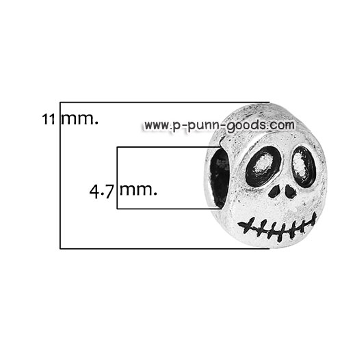ลูกปัดหัวกะโหลก (Halloween Skull) 11x8มม. สีเงินโบราณ