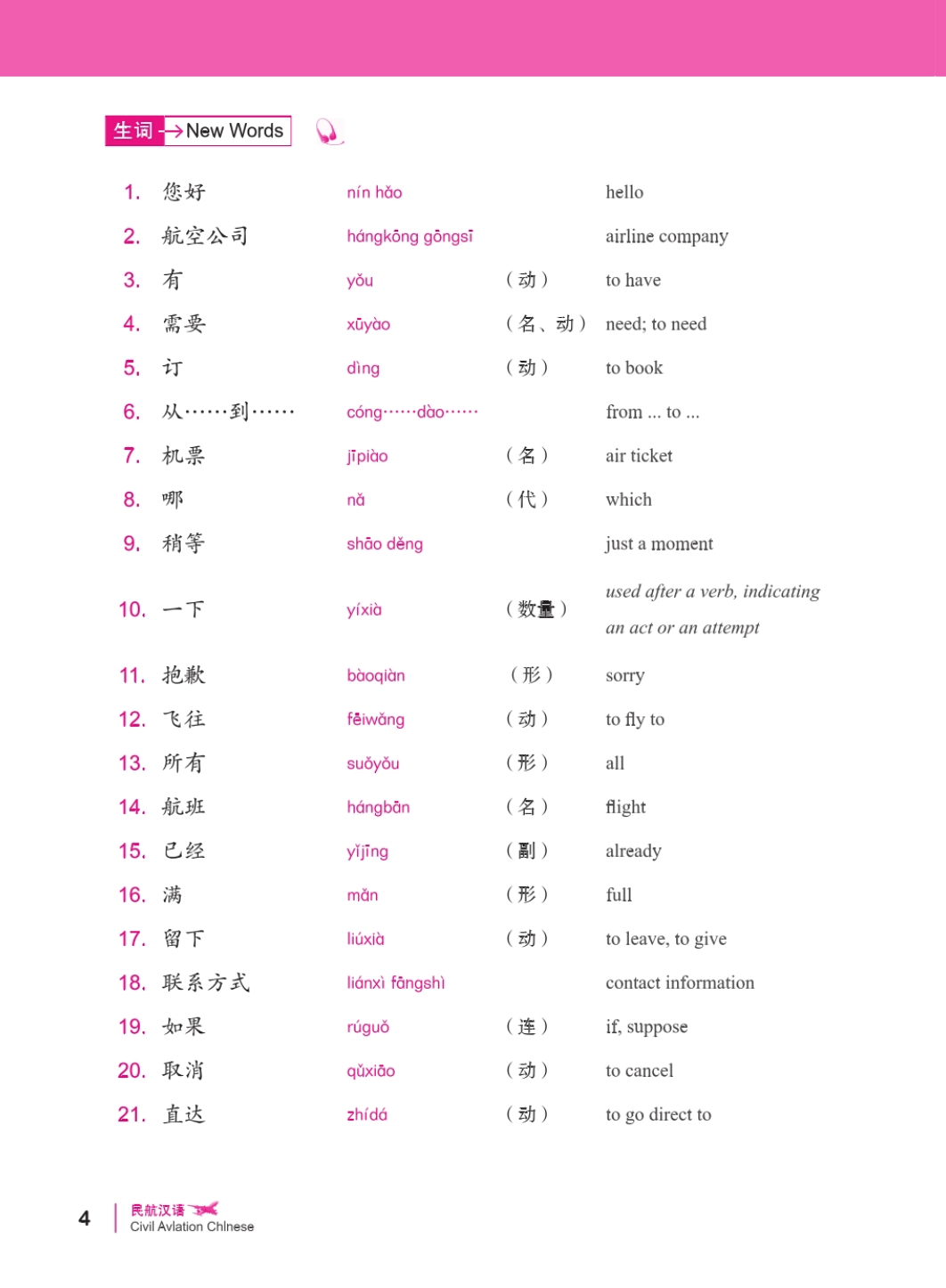 หนังสือเรียนภาษาจีนเพื่อบริการการบิน+MP3 民航汉语——飞往中国的航班(附MP3光盘1张) Civil Aviation Chinese: A Flight to China+MP3