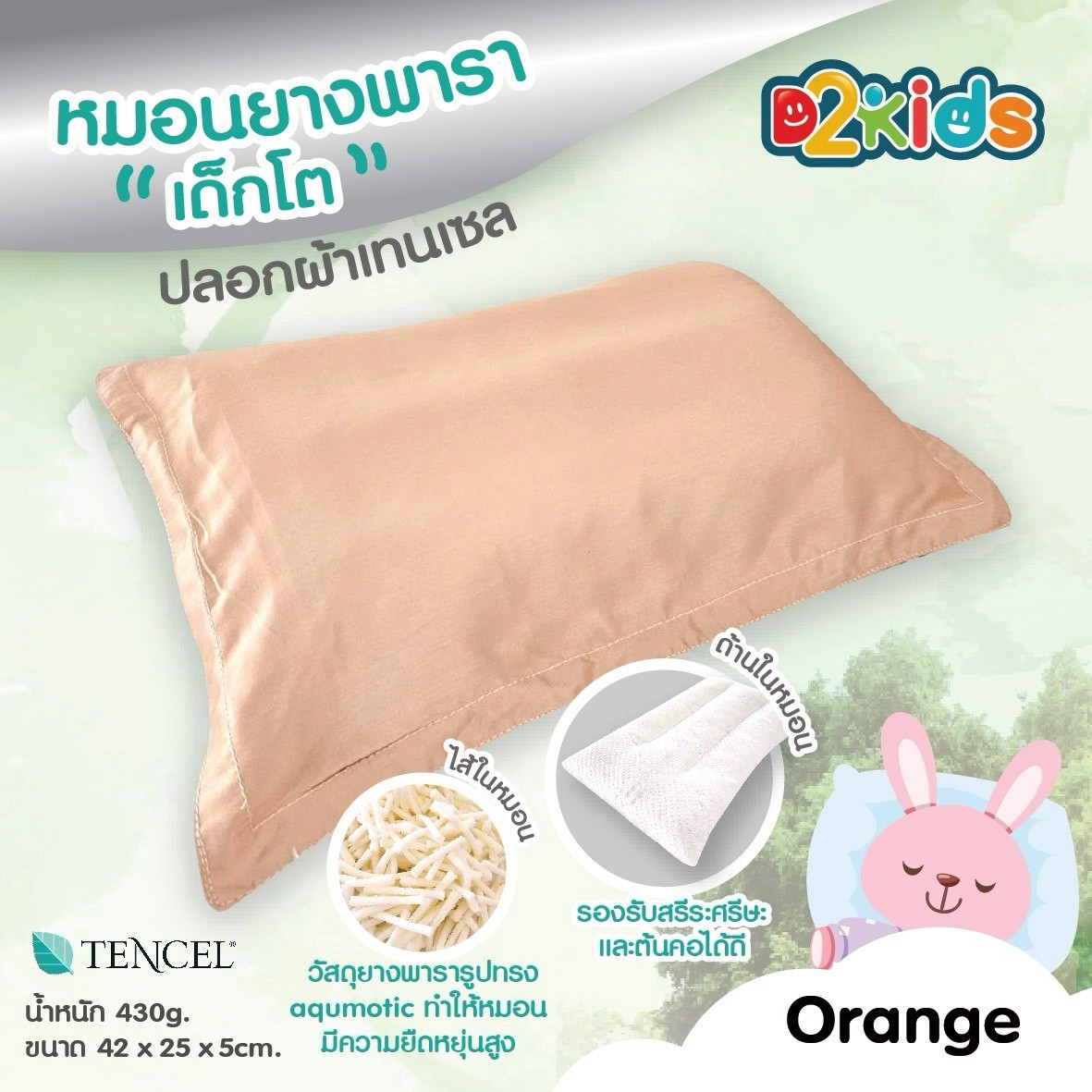 D2kids หมอนยางพาราเด็กโต แบบกันลาย ปลอกผ้าเทนเซล ยืดหยุ่น หนุนสบาย ระบายอากาศได้ดี