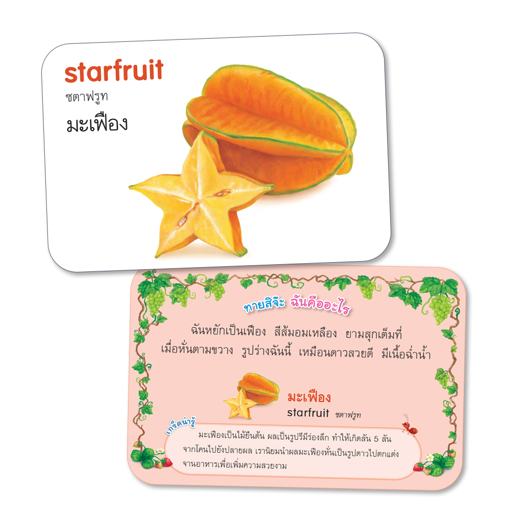 Book World Flash Card สื่อการเรียนรู้ บัตรภาพผลไม้ 2 ภาษา (ไทย-อังกฤษ) พร้อมปริศนาคำทายให้เด็กเล่นทายชื่อผลไม้ NEW