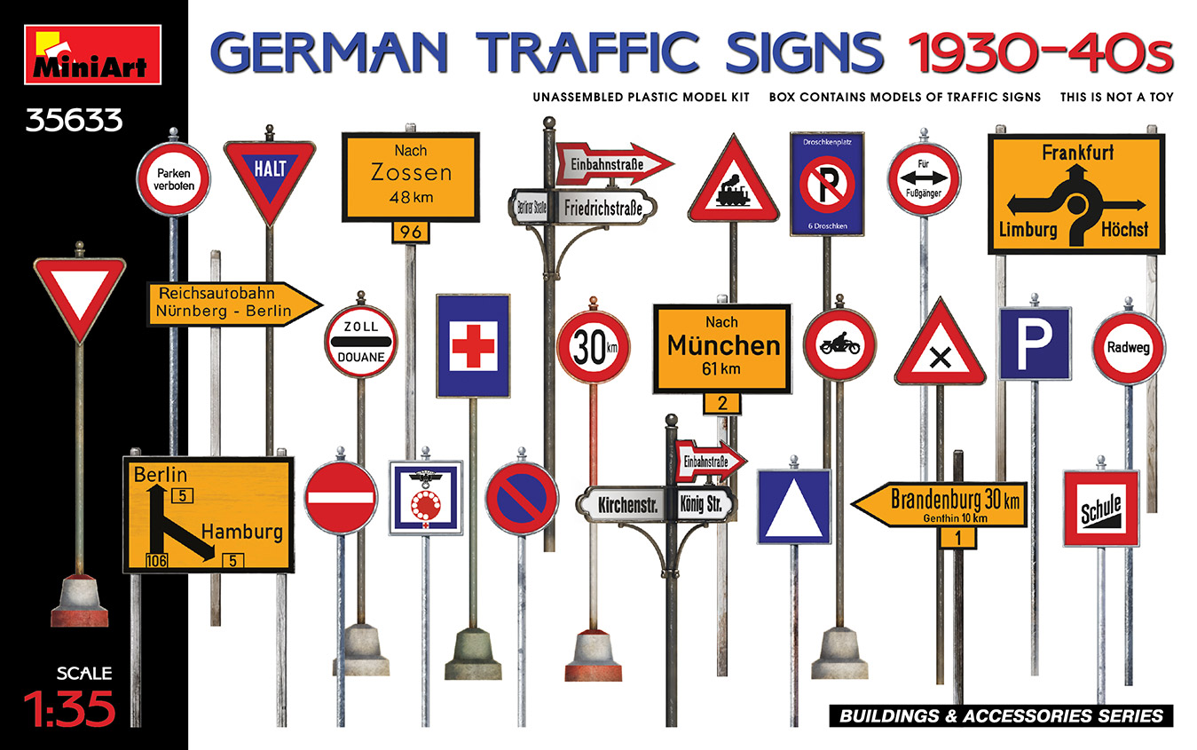 โมเดลเครื่องหมายจราจรประเทศเยอรมัน MiniArt ขนาด 1/35 MI35633 GERMAN TRAFFIC SIGNS 1930-40s