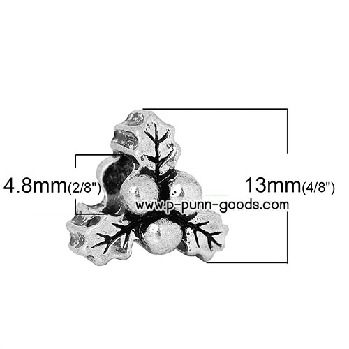 ลูกปัด Christmas Holly Leaf 13x12มม. สีเงินโบราณ