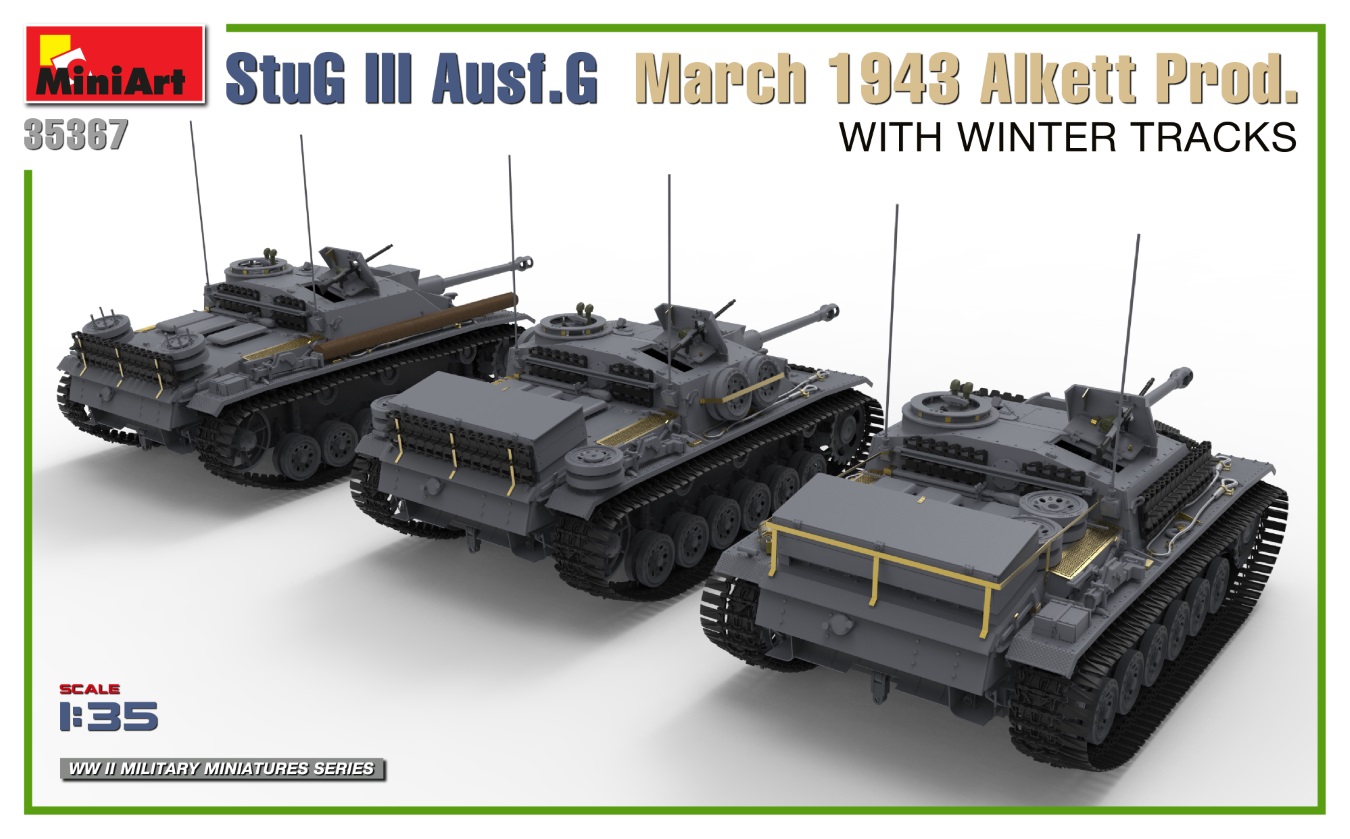 โมเดลรถถังเยอรมัน สงครามโลกครั้งที่ 2 MiniArt ขนาด 1/35 MI35367 StuG III Ausf. G March 1943 ALKETT PROD. WITH WINTER TRACKS. INTERIOR KIT