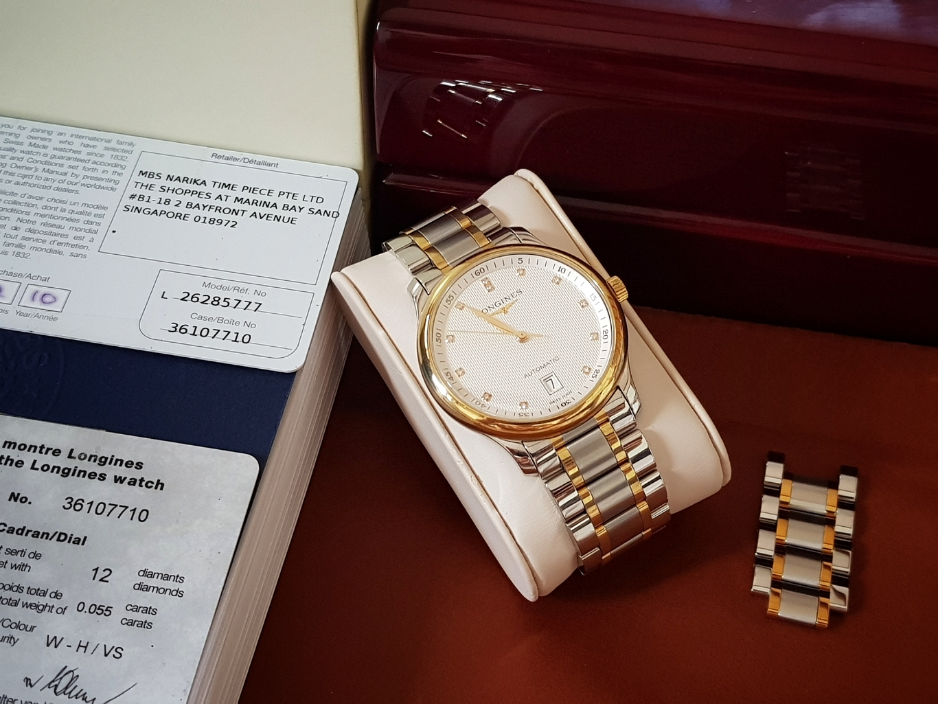 Longines Master Collection Date Automatic Stainless หุ้มทองคำ18k เพชรแท้12เม็ด 0.055กะรัต หน้าขาวลายผ้า