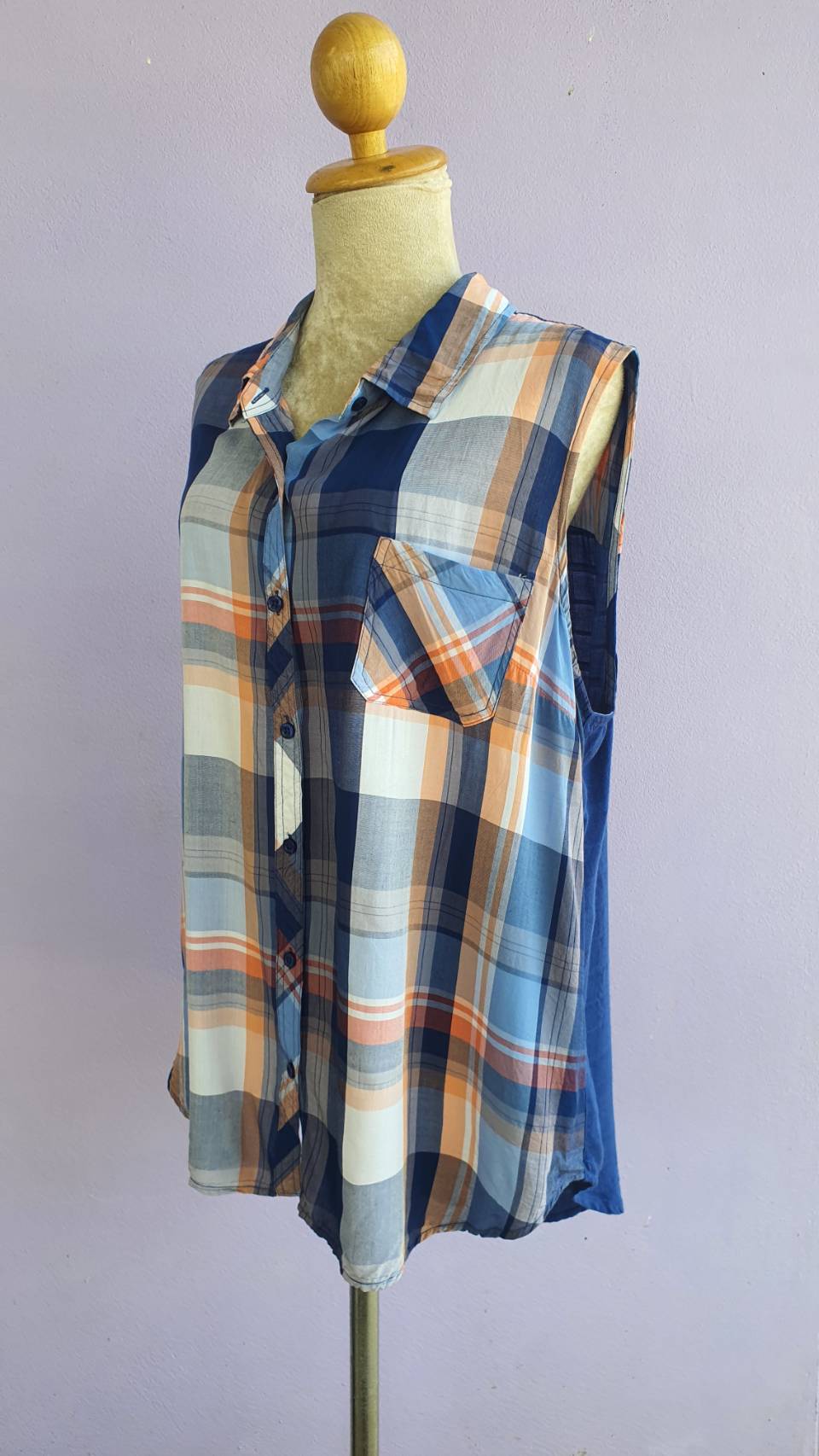 FF02975 เสื้อแฟชั่น ลายสก็อต สีน้ำเงิน มือสอง TRIBAL อก free-48 นิ้ว
