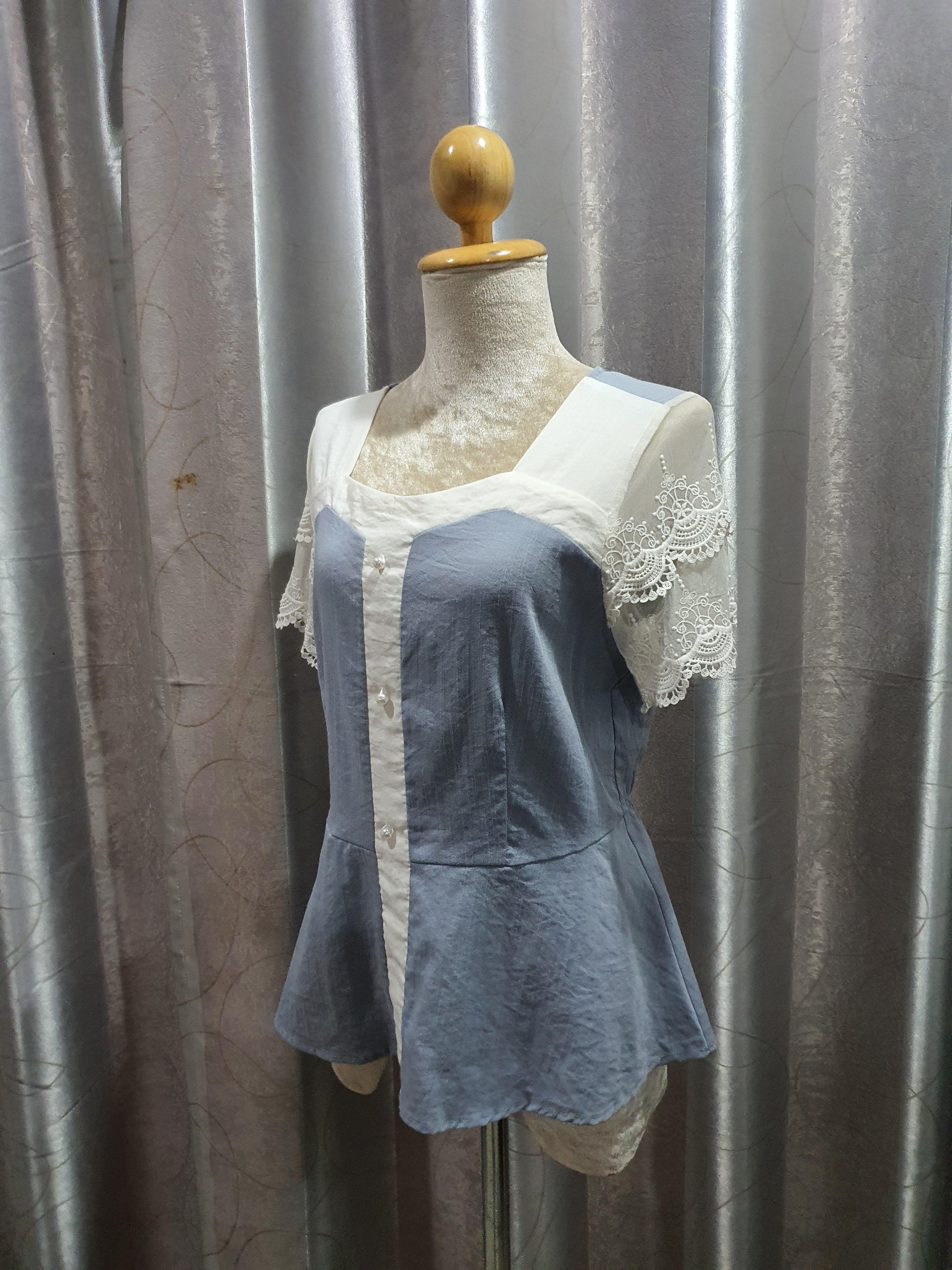 FF01929 เสื้แฟชั่น นำเข้า มือสอง สีฟ้า อก free-38นิ้ว