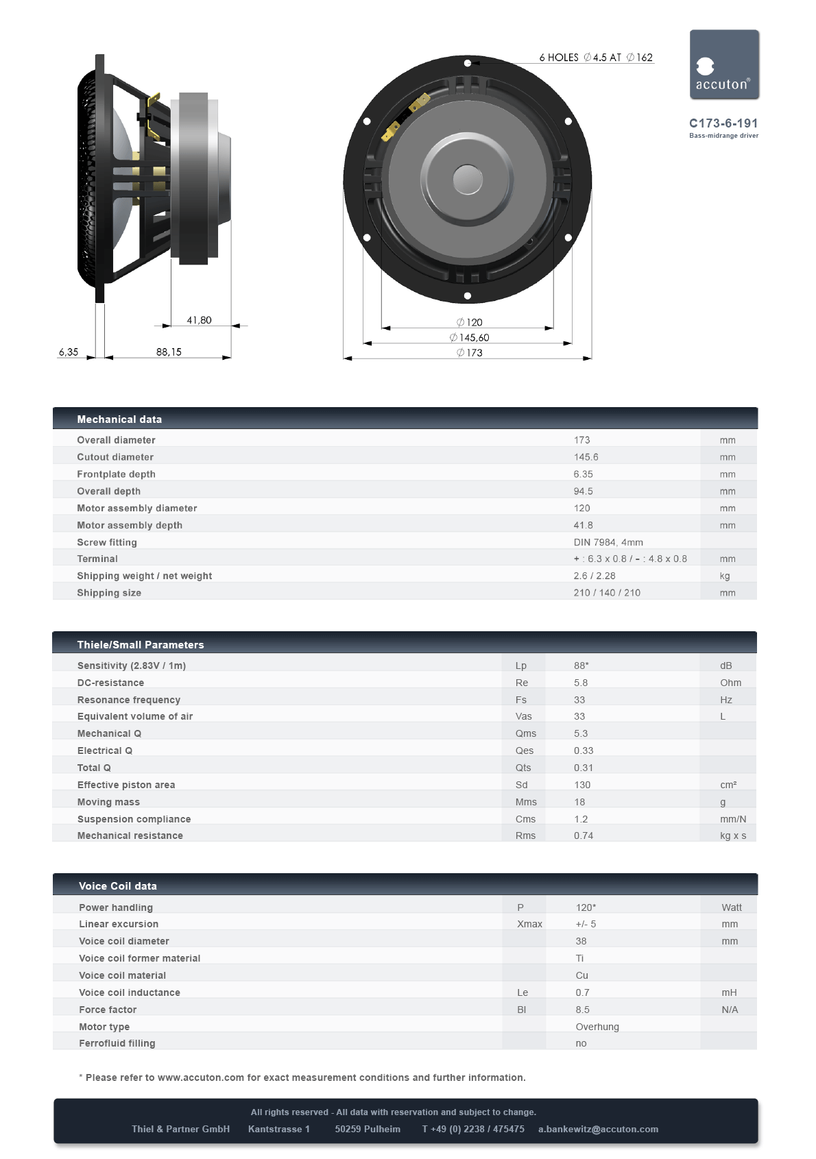 Accuton C173-6-191, 6.5" Ceramic Mid/Bass