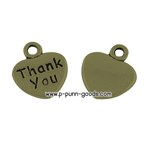 จี้หัวใจ "Thank You" สีทองเหลืองโบราณ 12x11 มม.