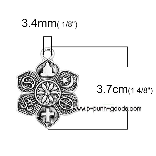 จี้โอม จี้ดอกบัวอักขระอักษรโอม 28x37มม. สีเงินโบราณ