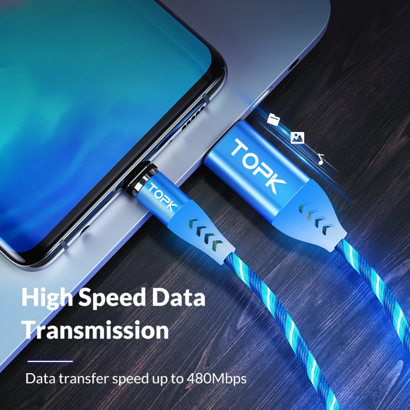 สายดาต้าหัวแม่เหล็กเรืองแสงแบบไฟวิ่งรองรับชาร์จด่วน TOPK 3A Flowing Light LED Magnetic Cable USB Type C Cable Fast charging Data Cable for Phone