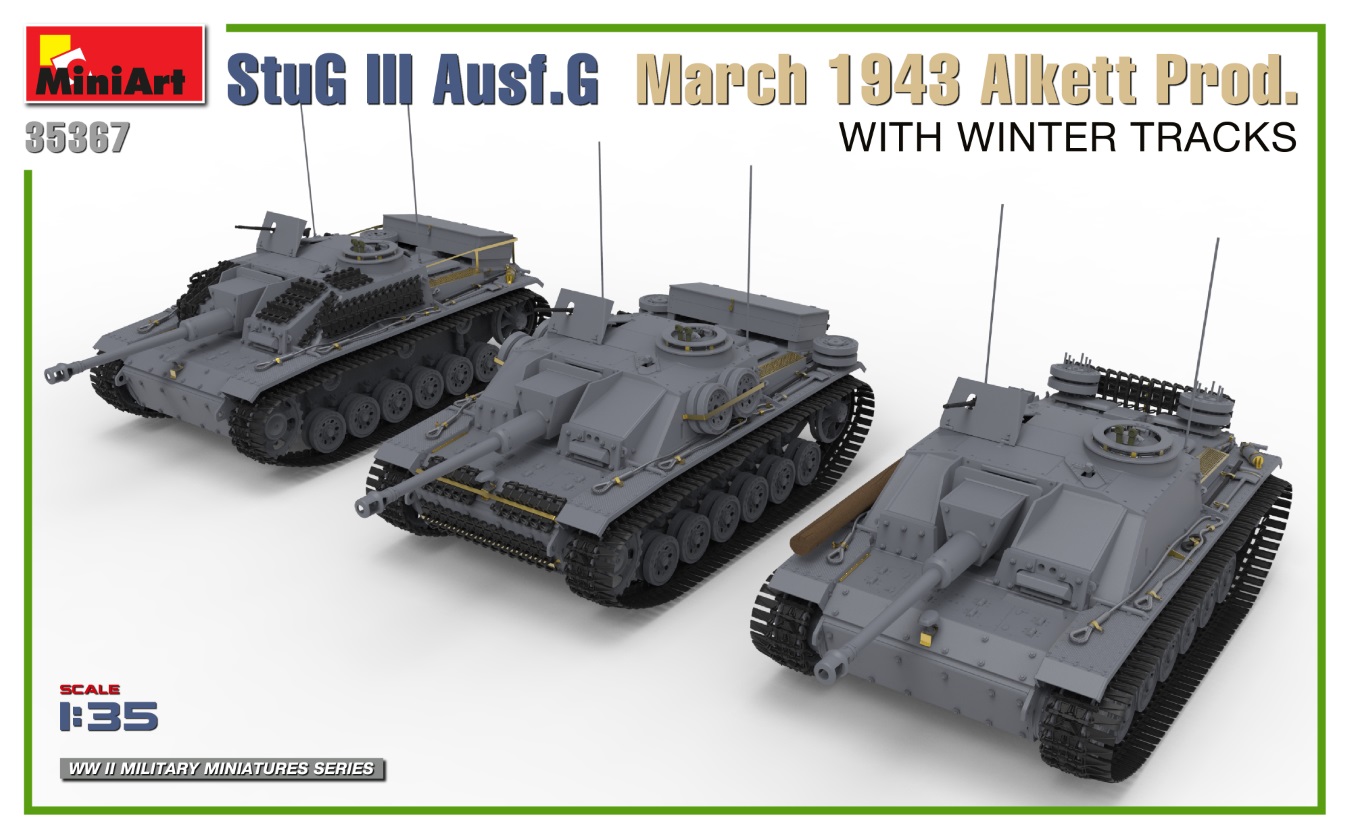 โมเดลรถถังเยอรมัน สงครามโลกครั้งที่ 2 MiniArt ขนาด 1/35 MI35367 StuG III Ausf. G March 1943 ALKETT PROD. WITH WINTER TRACKS. INTERIOR KIT