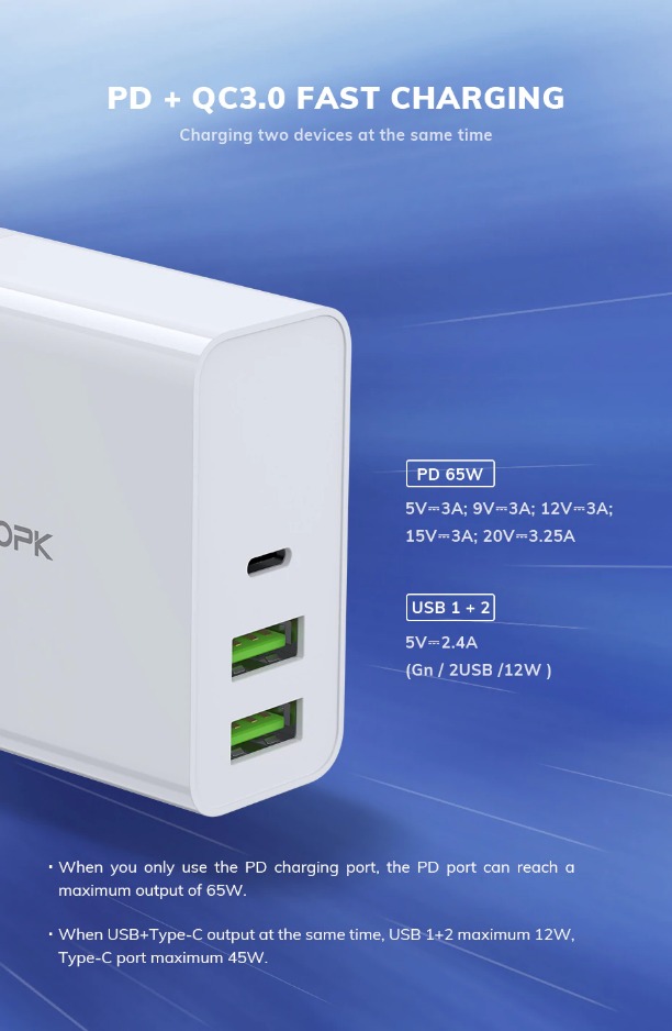 หัวชาร์จมือถือ โน๊ตบุ๊ค TOPK Power Adapter 65W PD USB Charger Fast Charger USB Type C Charger Quick Charge 3.0 for MacBook Pro Laptop Tablet Charger for mobile phones