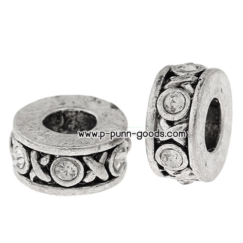 ลูกปัดสีเงินโบราณ 11x5มม.ประดับ Rhinestone