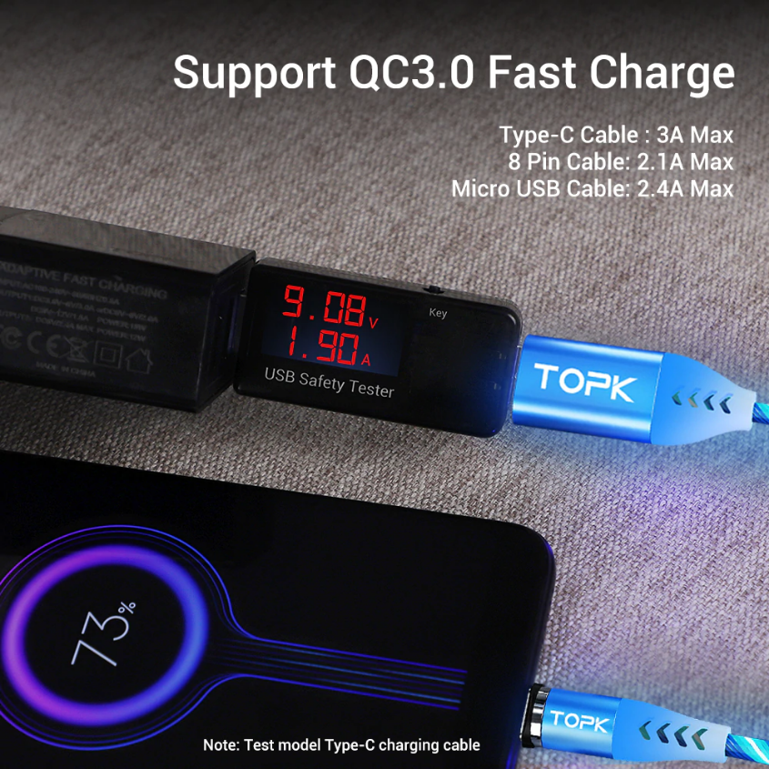 สายดาต้าหัวแม่เหล็กเรืองแสงแบบไฟวิ่งรองรับชาร์จด่วน TOPK 3A Flowing Light LED Magnetic Cable USB Type C Cable Fast charging Data Cable for Phone