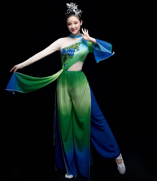 2019 ชุดสตรีสำหรับการแสดงฟ้อนรำร่มจีน 2019新款古典演出服飘逸广场舞扇子舞套 2019 New Classical Chinese Elegant Square Fan Dance Costume