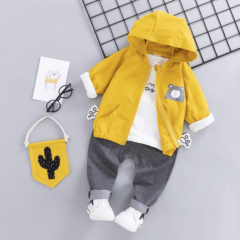 D2kids ชุดเซ็ตเด็กชายลายหมี มีฮู๊ต กางเกงสีเทา