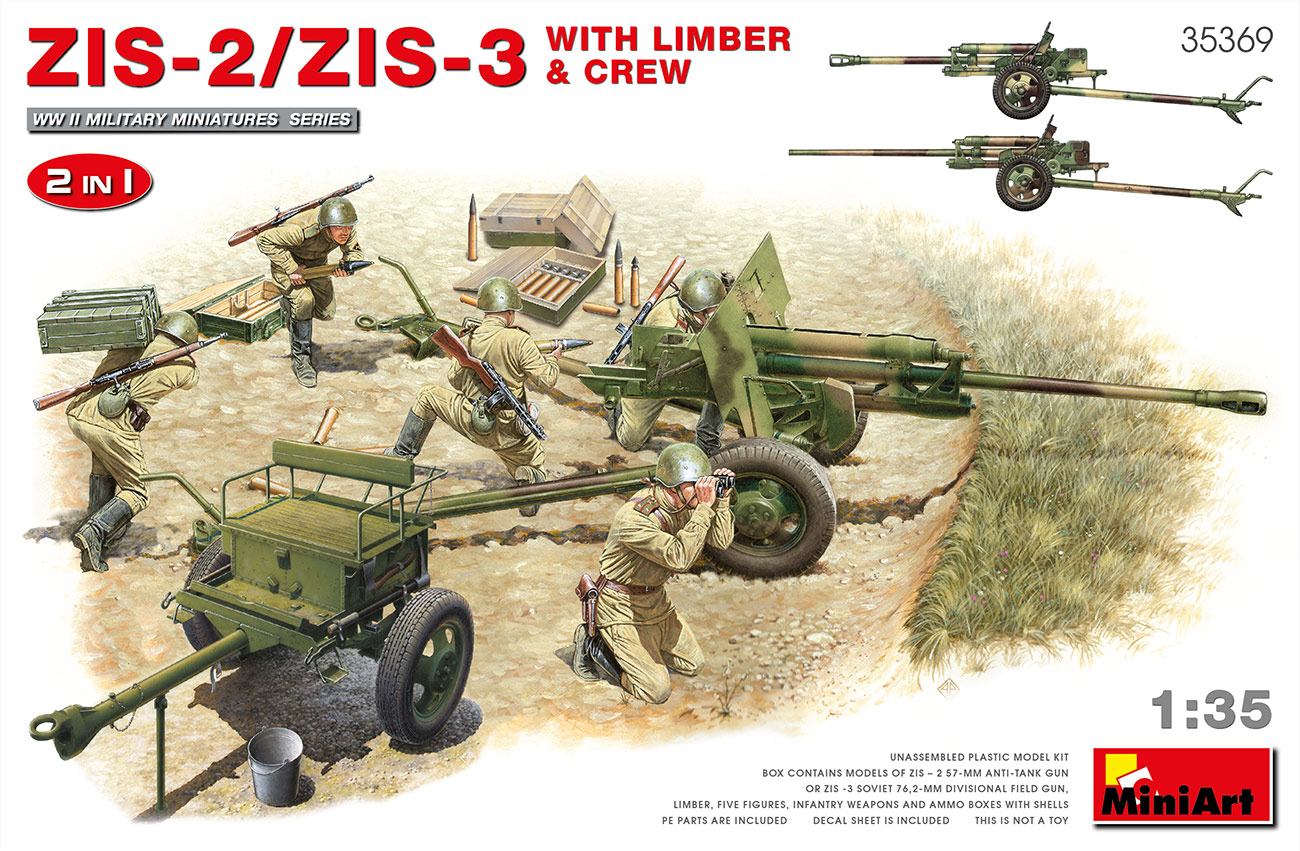 โมเดลปืนใหญ่และฟิกเกอร์ทหาร MiniArt ขนาด 1/35 MI35369 ZIS-2/ZIS-3 With LIMBER & CREW. 2 IN 1