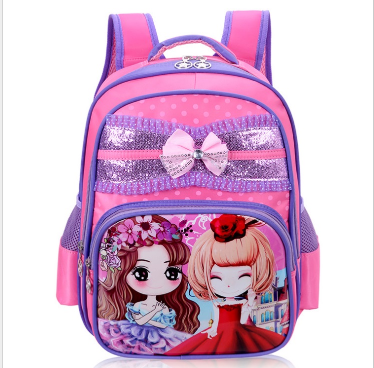 กระเป๋า นักเรียนลายเจ้าหญิง สีชมพูคาดโบส์สีม่วง