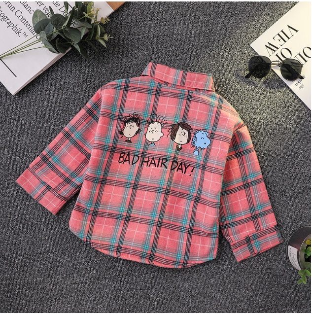 เสื้อเชิ้ตเด็กชาแบบบุขนนุ่มด้านใน ลายสก็อตสีชมพูน่ารัก
